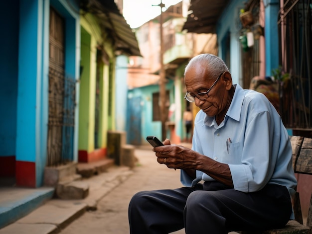 old man from Colombia using a smartphone for online communication