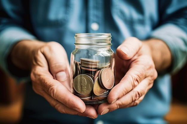 Old man hands holding a glass jar full of coins