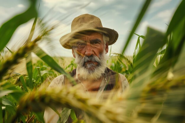 an old man in a hat standing in a field of corn