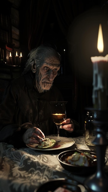 Photo an old man is eating a meal with a candle in the background