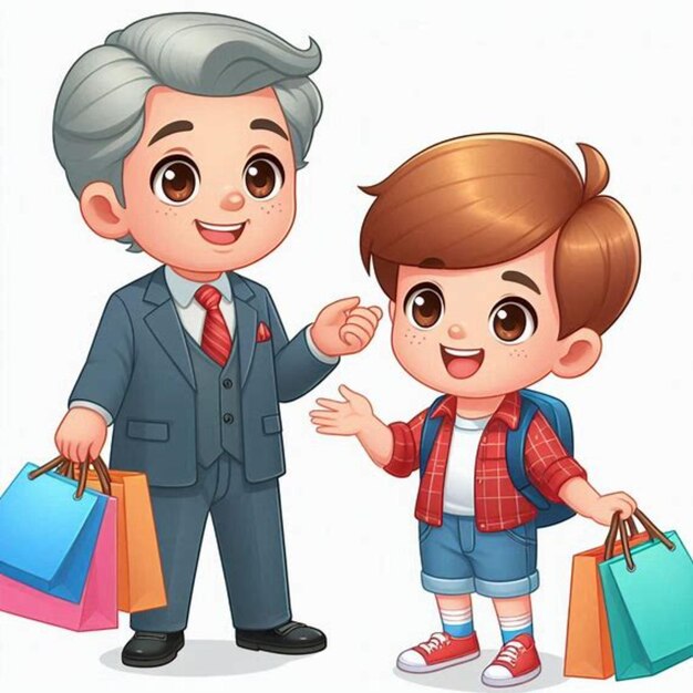 an old man is standing next to a boy with a bag of shopping bags