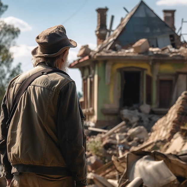 Old man is standing near a destroyed house earthquake natural disaster war catastrophe