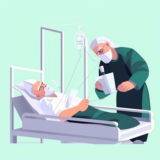 An old man lies in a hospital bed and a doctors is with him