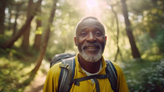 The old man looked aside attentively went camping trekking uniting with nature