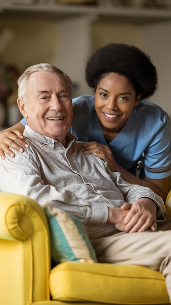 Old man and nurse sitting on yellow sofa while looking at the camera