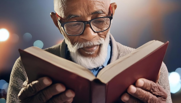 Old man read book and wear glasses