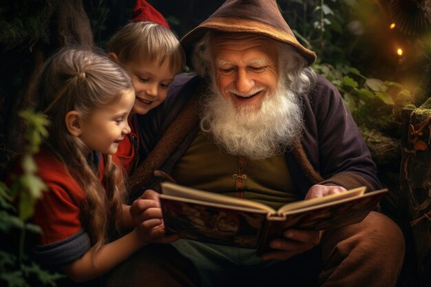 An old man reading a book to two little girls