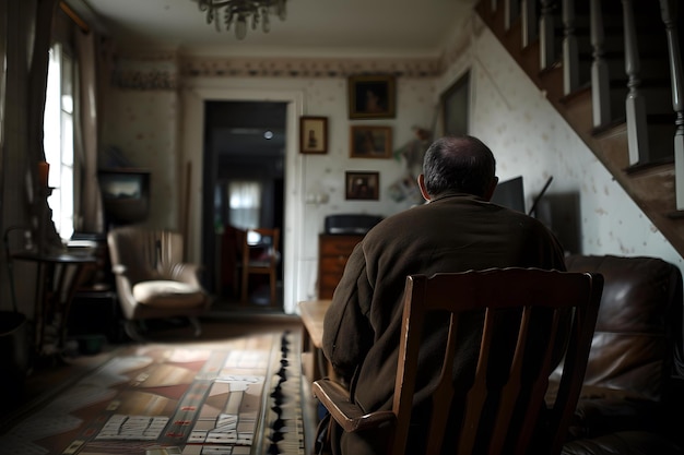 An old man sits in a chair in a dark living room