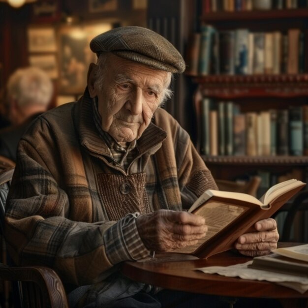 Photo an old man sits at a table with a book in his hand