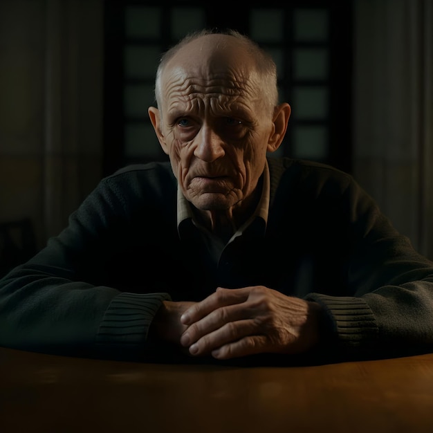 an old man sits at a table with his hands on his hips