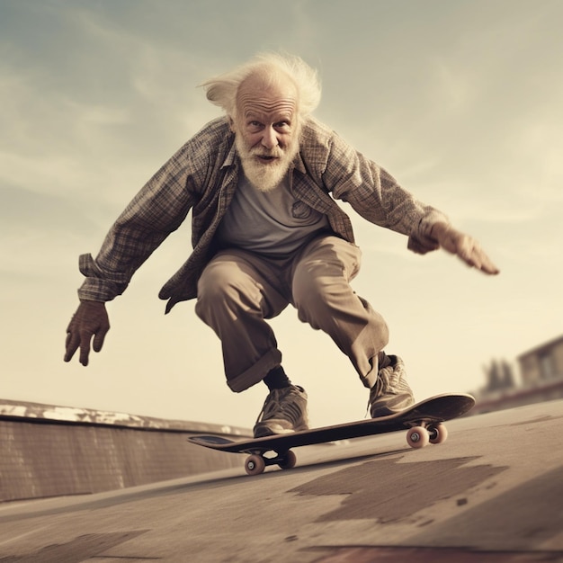 Old man skateboarding fast