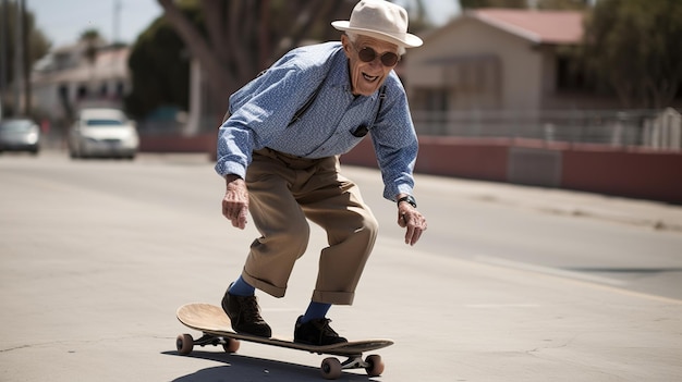 Old man skaterboarding in modern style on white background Sitting woman outdoors People lifestyle portrait Happy lifestyle Modern old senior people Modern style Generative AI