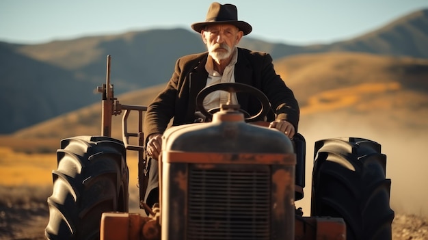 The old man was very well dressed Driving a tractor on the road alone