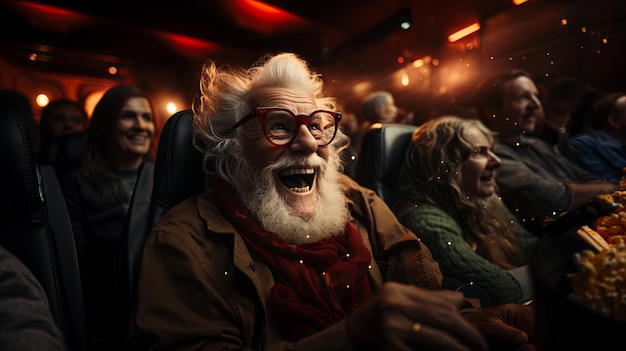 Old man watching a movie in a cinema while eating popcorn