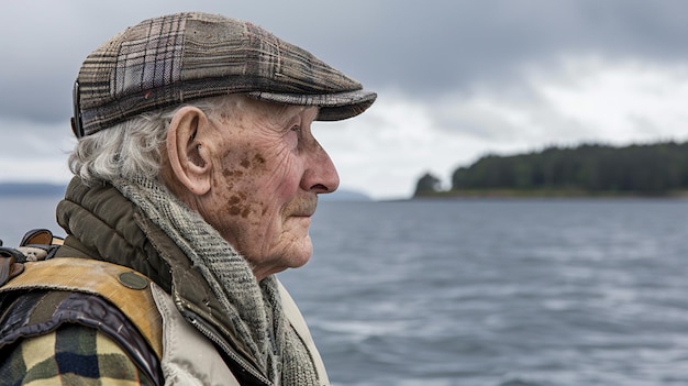 An old man wearing a hat and scarf is looking out at the water