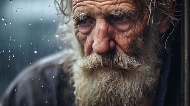 old man behind the wet glass of a window