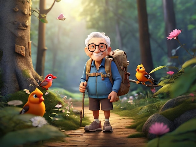 an old man with a backpack and a backpack with a bird on it