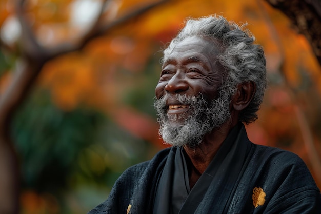 an old man with a beard and a black scarf is smiling