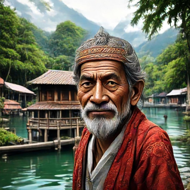 an old man with a beard and a long beard stands in front of a lake with houses on the background