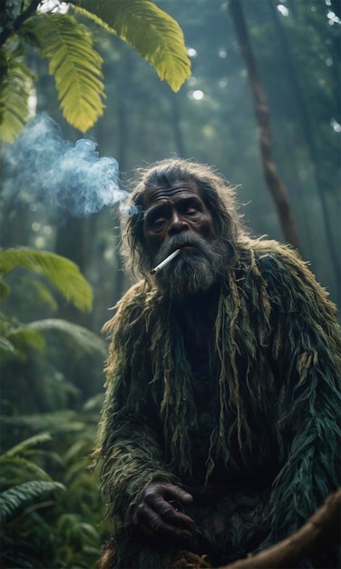 an old man with a beard and long hair smoking a cigarette