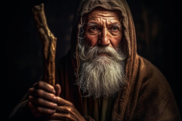 An old man with a beard and a long white beard holds a stick in his hand.