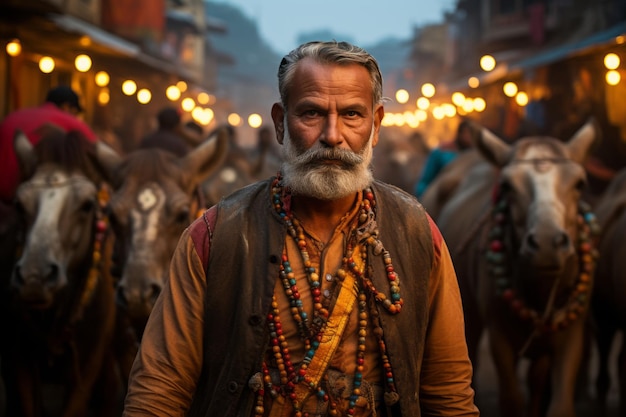 an old man with a beard and a turban stands in the middle of a crowded street