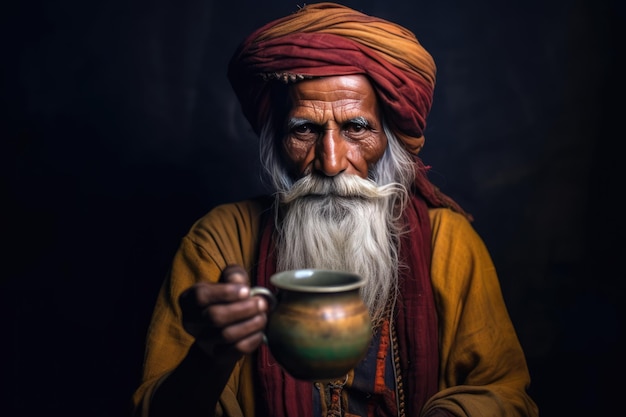 An Old Man with a Big Beard and a Turban Enjoying a Drink from a Cup