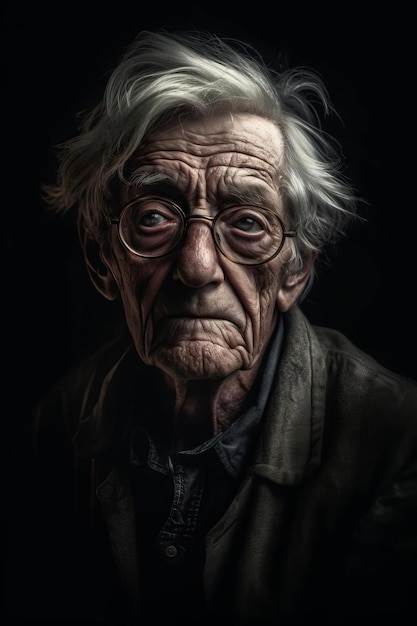 An old man with glasses and a black jacket.