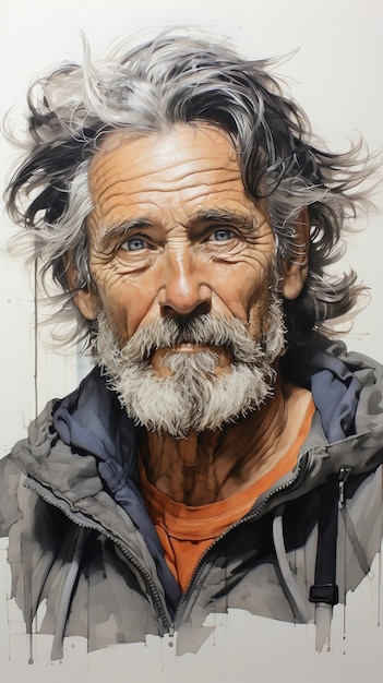 Old man with grey hair Crayon drawing Portrait