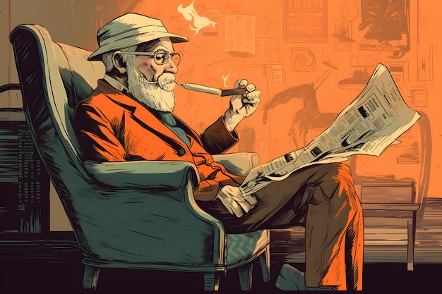 A old man with a hat smoking and reading a newspaper