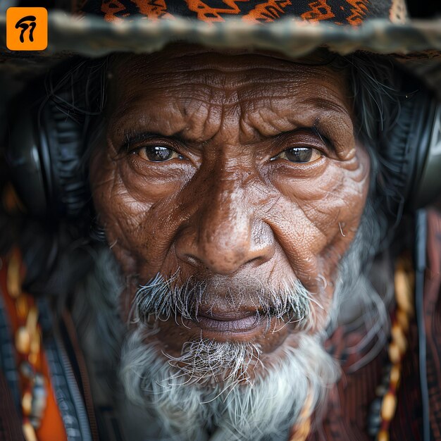 Photo an old man with headphones that sayt t