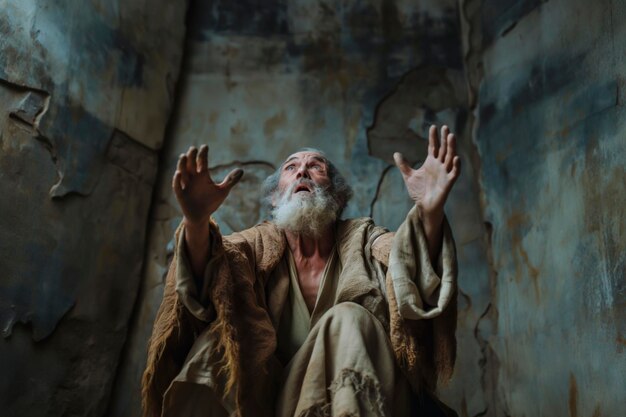 Photo old man with torn clothes looking up with arms old testament generative ai