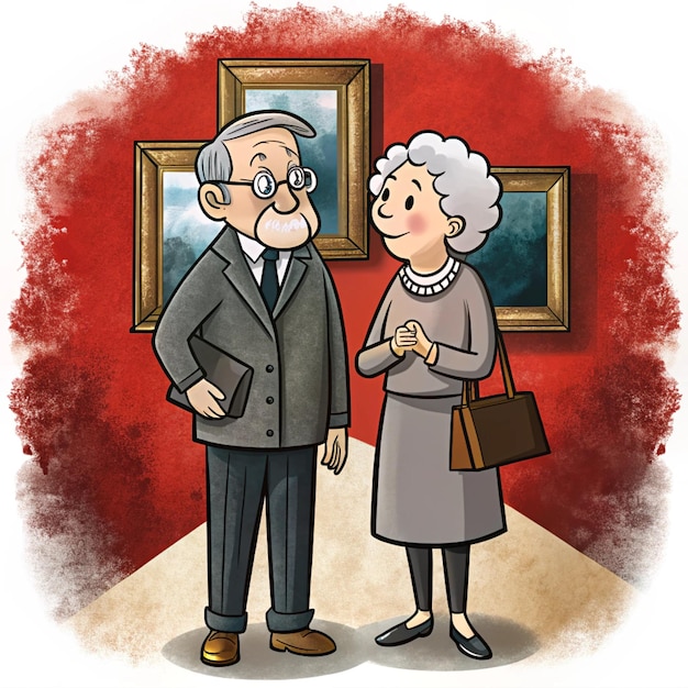 Photo an old man and a woman stand in front of a painting of an old couple