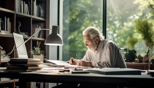 old man writing at a desk in the style of modern design