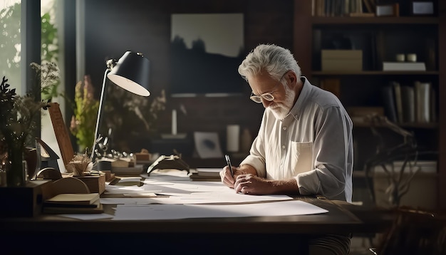 old man writing at a desk in the style of modern design