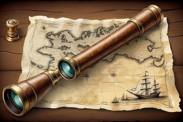 Photo old map and spyglass 10eps