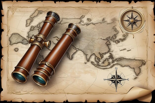 Photo old map and spyglass 10eps