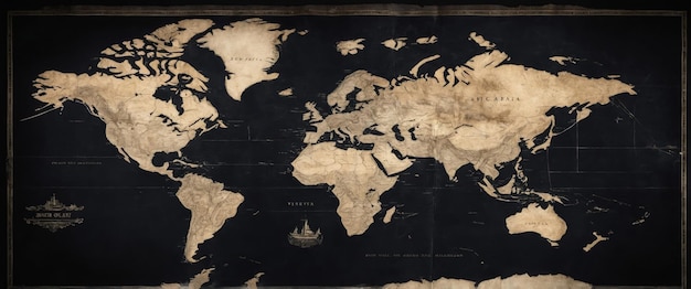 Photo an old map with continents on a black background perfect for decor or educational use