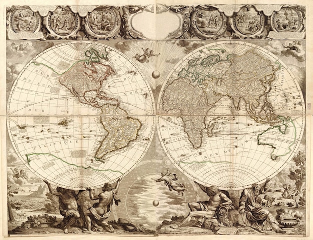 Old map of the world with illustrations in sepia