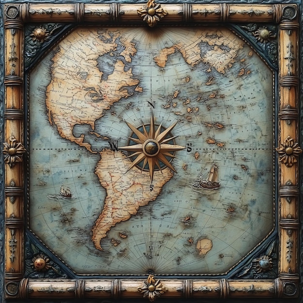 Old map of the world on a wooden frame 3d rendering