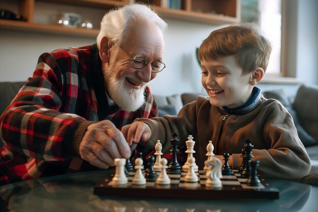 Old mature man grandad playing chess with his grandson family fun concept people and lifestyle