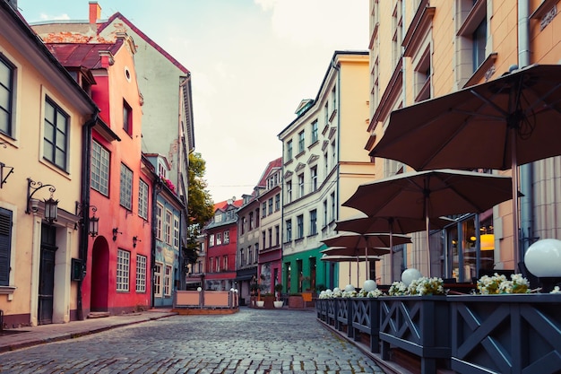 Old medieval street in Riga Latvia Retro styled