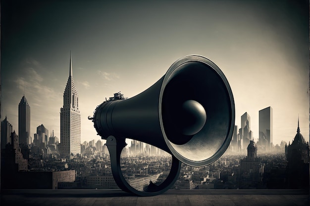 Old megaphone with grey city view in background created with generative ai