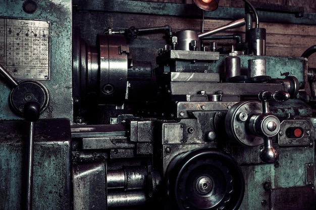 Old metal lathe in the workshop, metalworking, machine tools