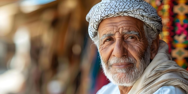 Old Middle Eastern man standing in a traditional village context Concept Cultural Heritage Traditional Attire Village Setting Elderly Portrait