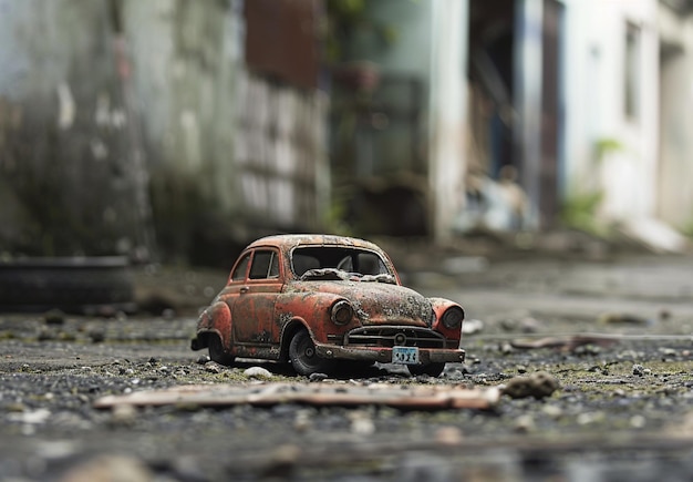 Photo old model car parked in a old street night view