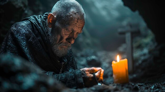 an old monk prays in a cave