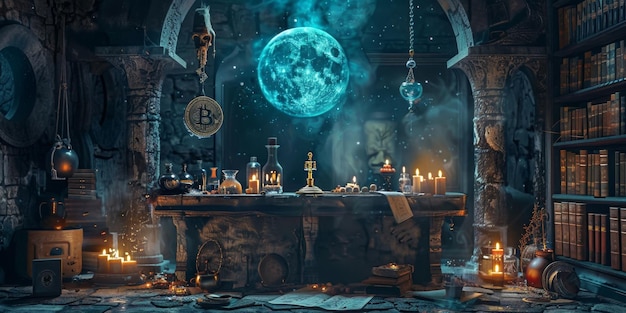 Photo an old mystical altar with a bitcoin floating above surrounded by potions and spell books moonlit