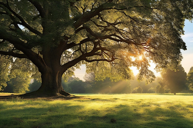 Old oak tree with sunbeams in the morning Nature background