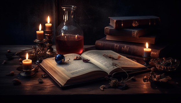 Old open books on the wooden table and empty space